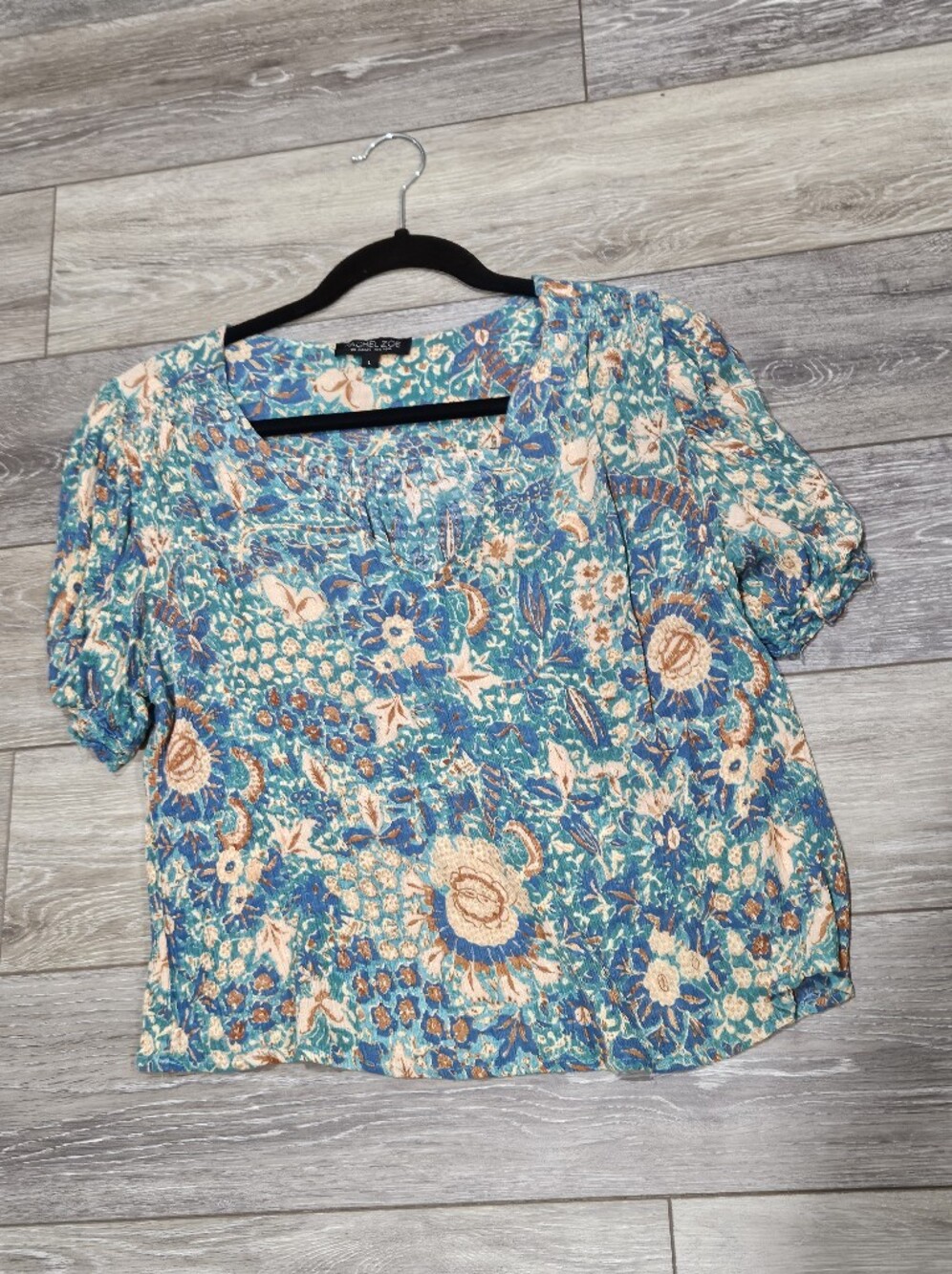Rachel Zoe Teal Floral Short-Sleeve Blouse Size Large